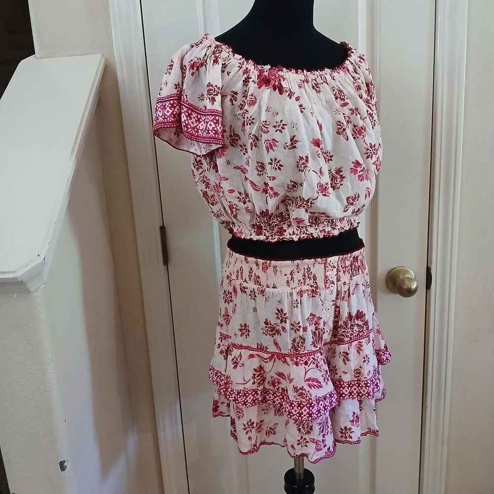 Poupette St Barth Pint/White Coastal Romantic Floral Print Set Top M/L & Skort S - Picture 2 of 8